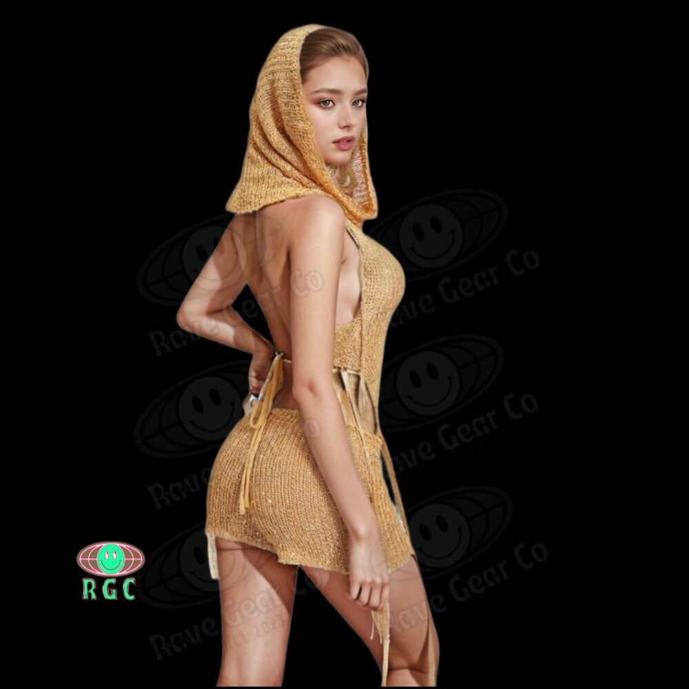 Hooded Boho Sequin Mesh Asymmetrical Matching Set Shorts Festival EDM Rave NWT